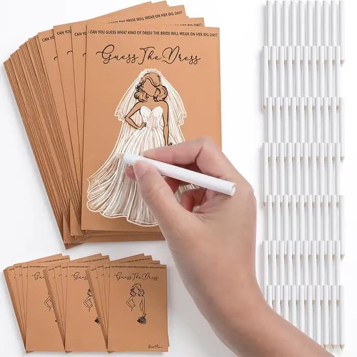 20 cartes de jeu 'Devinez la robe' avec stylos pour enterrement de vie de jeune fille