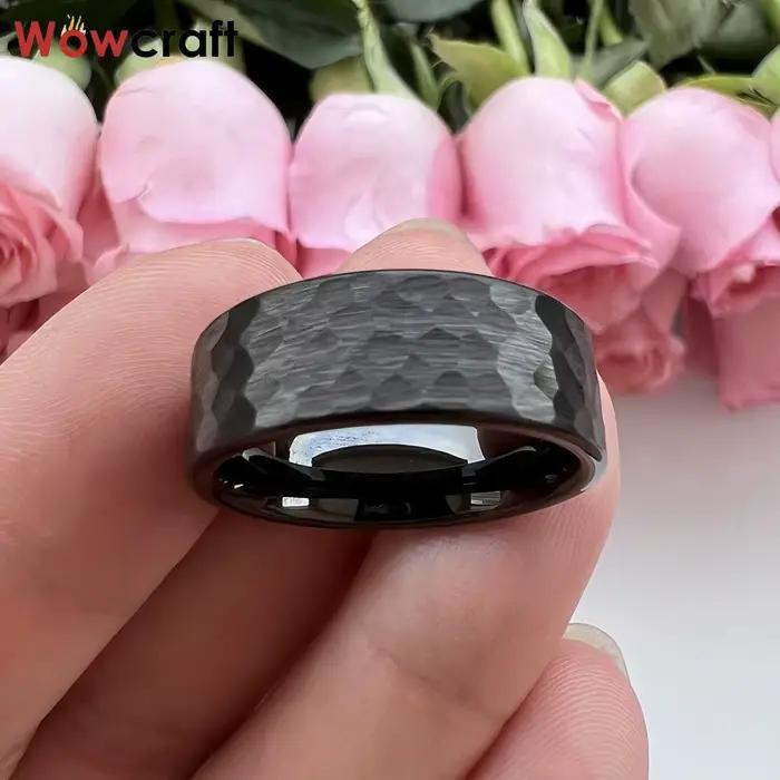 Bague en carbure de tungstène martelé noir pour hommes et femmes, alliance de fiançailles, mode