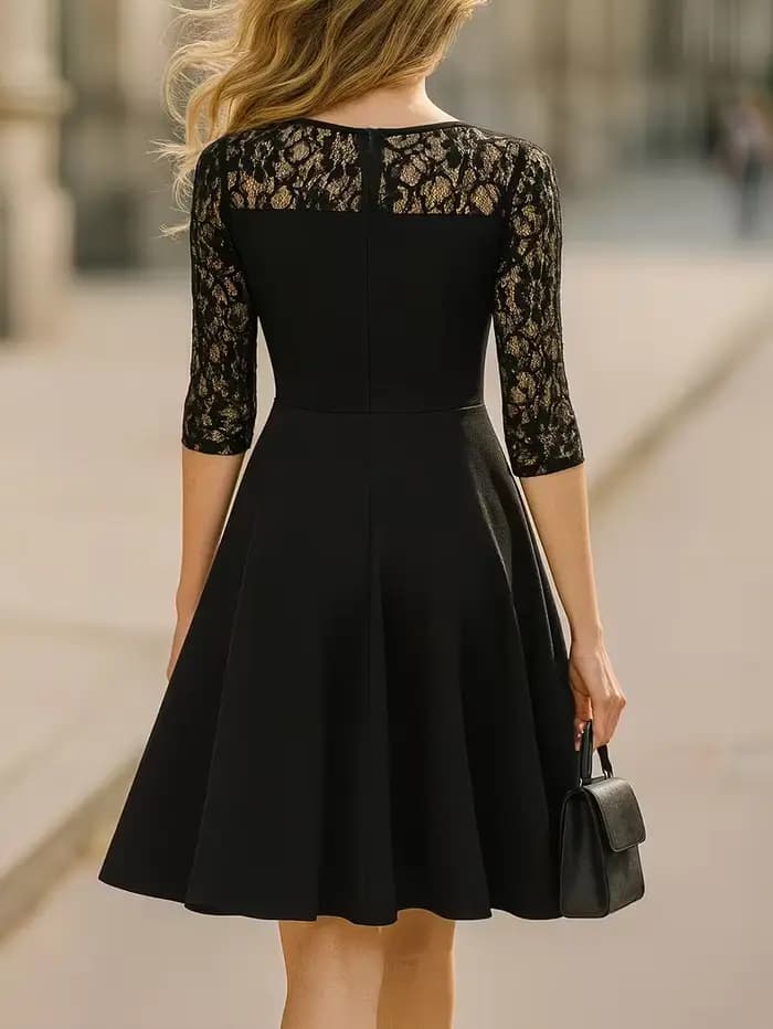 Robe trapèze noire élégante à col rond et manches 2/3 pour femme, idéale pour le bureau ou l'été, coupe ample et élégante