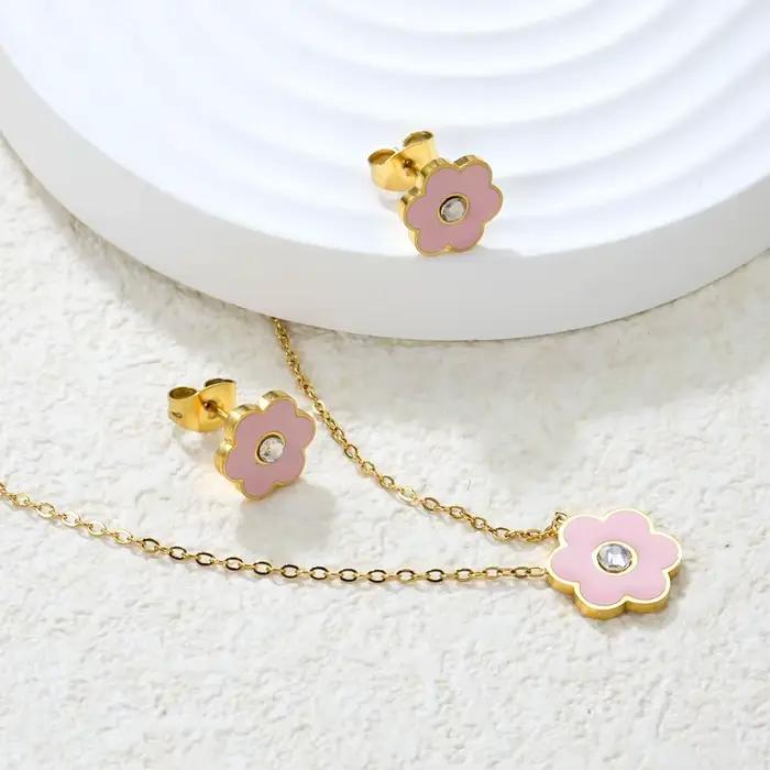 LUXUKISSKIDS – ensemble de bijoux pour filles, couleur rose/bleu, Six pétales de fleurs, collier goutte-huile, boucles d'oreilles, cadeaux d'anniversaire romantiques