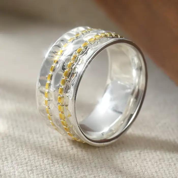 Bague vintage sculptée à la main pour femme, bijou ethnique en métal bicolore, géométrique, pour usage quotidien, fête, cadeau d'anniversaire