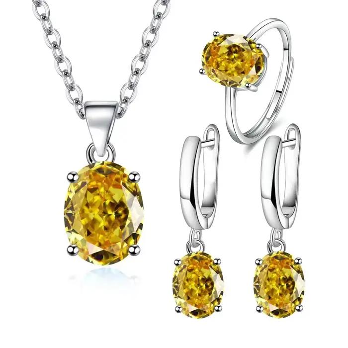 Ensemble de bijoux pour femmes en argent sterling 925 : bague ovale en zircon taillée en diamant, collier, boucles d'oreilles - Accessoires et cadeaux de luxe