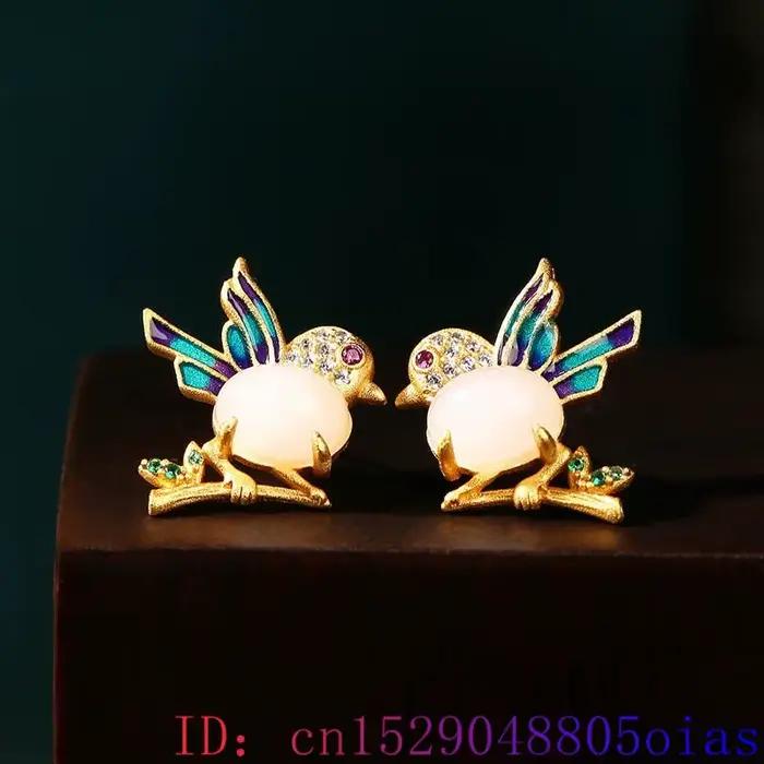 Boucles d'oreilles oiseau en Jade véritable blanc sculpté pour femmes, bijoux naturels, cadeau, clous d'oreille énergétiques, amulette porte-bonheur, breloque de luxe, pierres précieuses