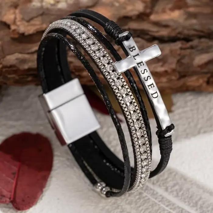 BLESSED – Bracelets en cuir avec cristaux croisés, faits à la main, Style bohème, léger, de luxe, à la mode, bijoux pour filles, cadeau de noël