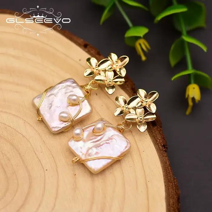 Boucles d'oreilles en perles carrées baroques naturelles, Design Original, fleurs faites à la main, bijoux fins pour femmes, GE0754