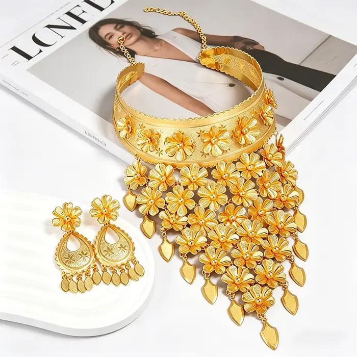 Parure de bijoux de luxe pour femmes nigérianes, collier à pampilles et boucles d'oreilles, motif floral, plaqué or classique de Dubaï, pour mariage, usage quotidien, fête, cadeau