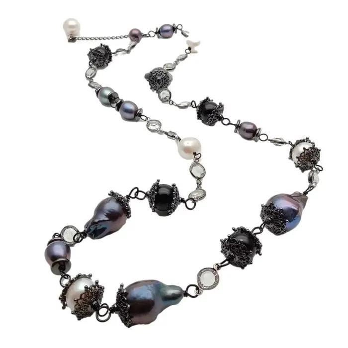 YYGEM – collier longue chaîne en perles naturelles de culture d'eau douce, 30 pouces, 15x23mm, Keshi noir, perle blanche, pomme de terre
