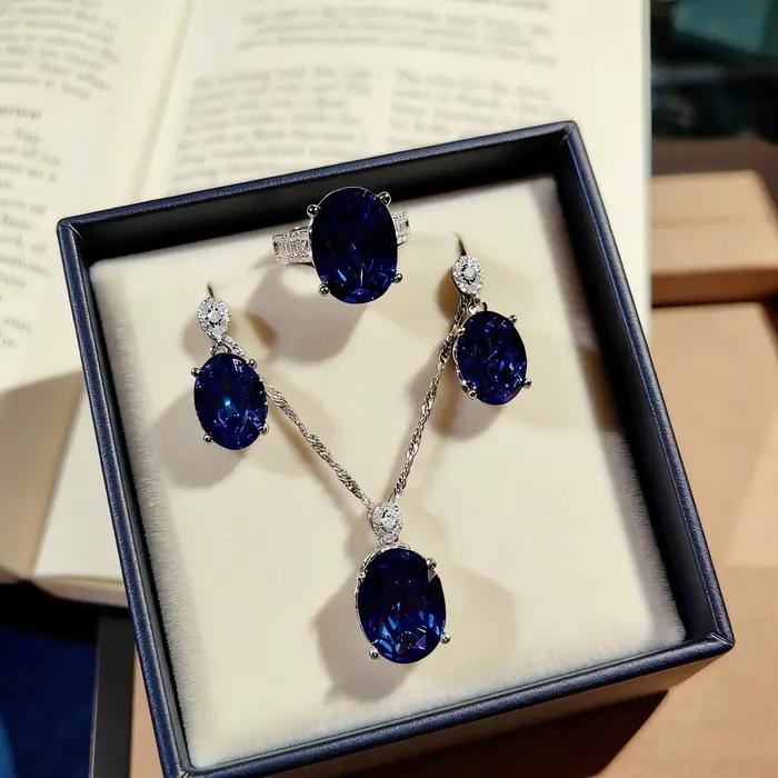 Ensemble haut de gamme en argent sterling 925 bleu royal, pendentif luxueux entièrement serti de diamants, bague ouverte, boucles d'oreilles en diamant rose et pierres précieuses colorées