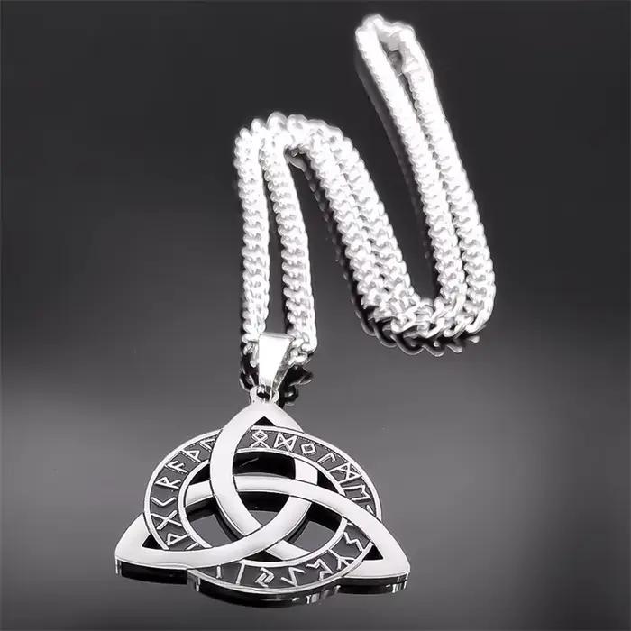 Collier pendentif en acier inoxydable avec runes Futhark vikings nordiques, symbole de nœud celtique Triquetra, Trinité Sainte, amulette, bijou cadeau