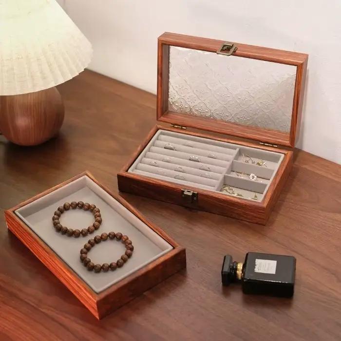 Boîte à bijoux transparente en bois, anti-oxydation, organisateur de bagues, colliers, boucles d'oreilles, grande capacité, étui de présentation pour femmes, cadeau