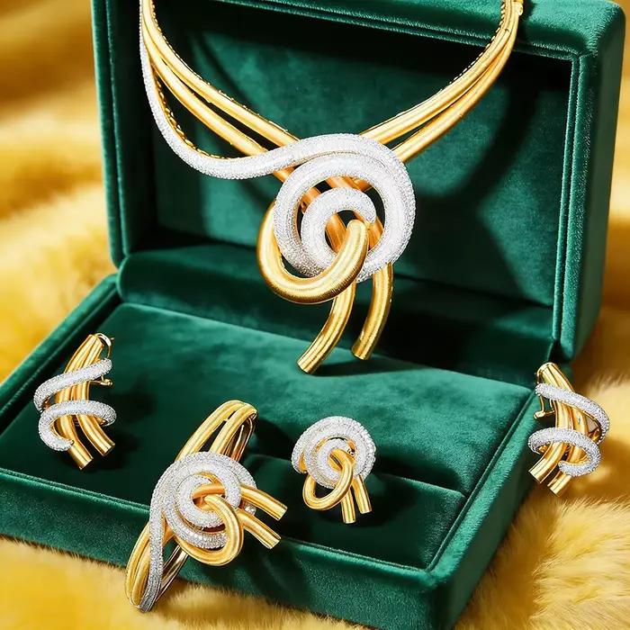 Ensemble de bijoux GODKI élégant en spirale, 4 pièces, plaqué or 18 carats, pour femmes, mariage, fête, zircon, bijoux de mariée indiens africains