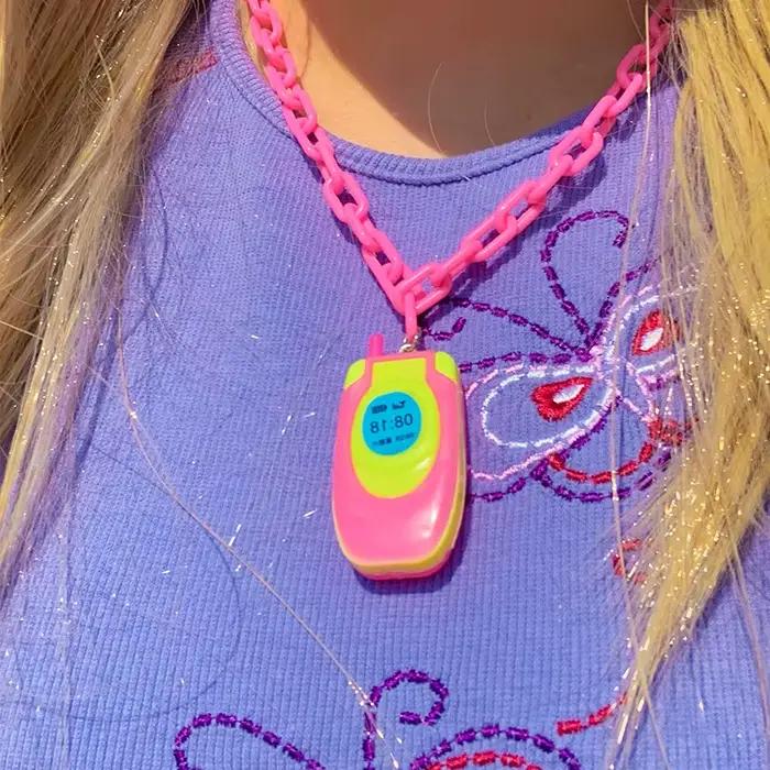 Kawaii fille rose Mini téléphone collier mode coréenne dessin animé Harajuku pendentif collier pour femmes Y2K bijoux 2000s accessoires