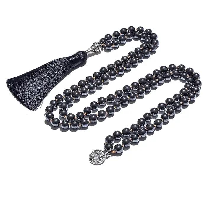Collier noué en hématite noire de 8 mm, 108 perles, Mala de méditation, bijoux de bénédiction pour le yoga, pour hommes et femmes, Japamala, chapelet
