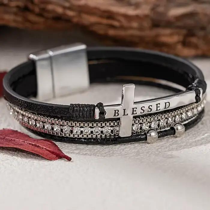 BLESSED – Bracelets en cuir avec cristaux croisés, faits à la main, Style bohème, léger, de luxe, à la mode, bijoux pour filles, cadeau de noël