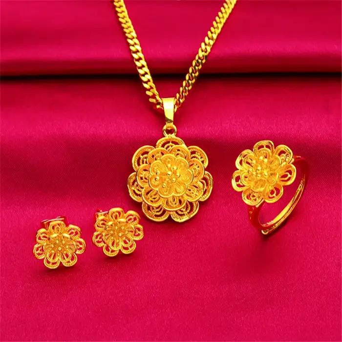 Ensembles de Bijoux couleur or jaune pour femmes, pendentif fleur, collier, bague, boucles d'oreilles, ensemble de 3 pièces, accessoires de Bijoux de mariage
