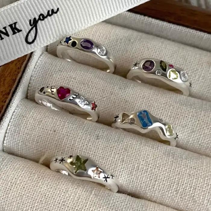 Kpop – bagues étoiles en Zircon coloré pour femmes, anneau métallique irrégulier, rétro, Index, bijoux esthétiques, accessoires Hip Hop pour filles