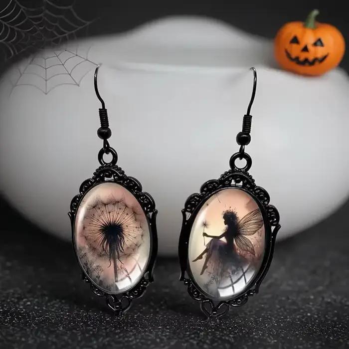 Boucles d'oreilles asymétriques en forme de pissenlit noir pour femmes, bijoux gothiques ovales en verre