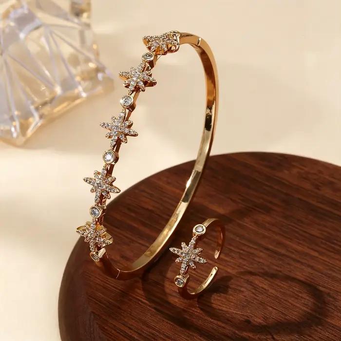 Ensemble de bagues et bracelets ajustables en zircon plaqué or pour femme, motif étoile, style minimaliste, élégant, bijoux de mode, cadeau pour elle, usage quotidien
