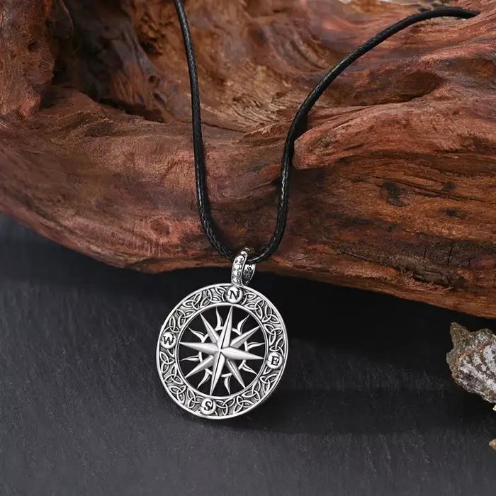 Collier pendentif boussole en argent sterling 925, cordon en cuir, collier vintage, bijoux d'aventure, cadeau pour femmes et hommes