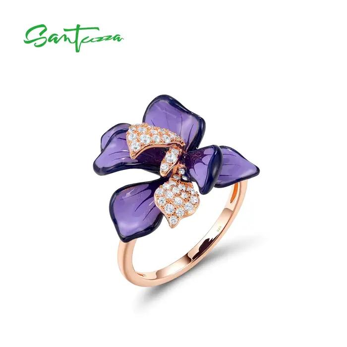 SANTUZZA-Bague en argent regardé 925 pour femme, fleur en émail violet et blanc, cadeaux de fête élégants, bijoux fins