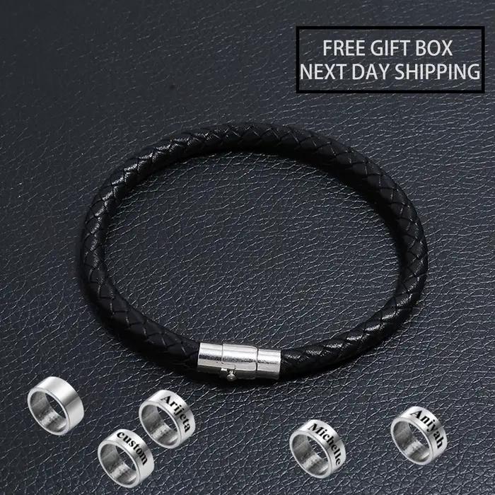 Noms personnalisés perles hommes Bracelet tressé bijoux en cuir faits à la main cadeaux de fête des pères de noël pour lui enfant papa petit ami cadeau