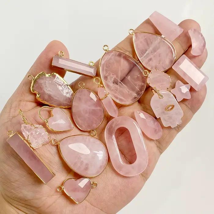 Pendentif en quartz rose pour femme, breloque en cristal, cœur, nar, étoile, pierre, collier, bracelet, boucles d'oreilles, bijoux à bricoler soi-même, 2 pièces par lot