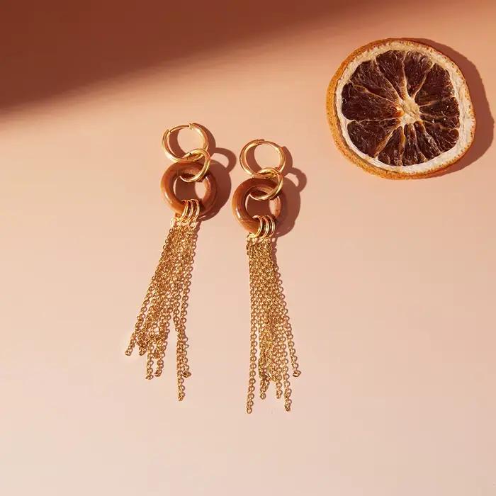Uworld Boucles d'oreilles vintage à double boucle en bois avec pompon pour femme, en acier inoxydable plaqué or PVD, bijoux de mode pour femme, cadeaux 2026