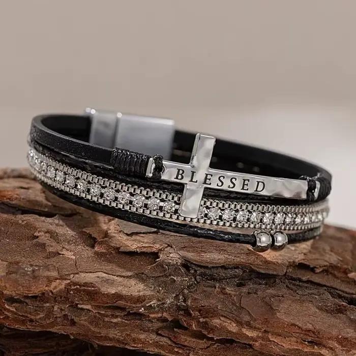 BLESSED – Bracelets en cuir avec cristaux croisés, faits à la main, Style bohème, léger, de luxe, à la mode, bijoux pour filles, cadeau de noël