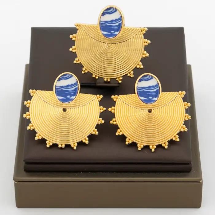 Ensemble de bijoux pour femmes, boucles d'oreilles et bague en or 18 carats, zircon coloré, 2 pièces, ensemble de bijoux de fiançailles Dubaï, accessoires de mariage