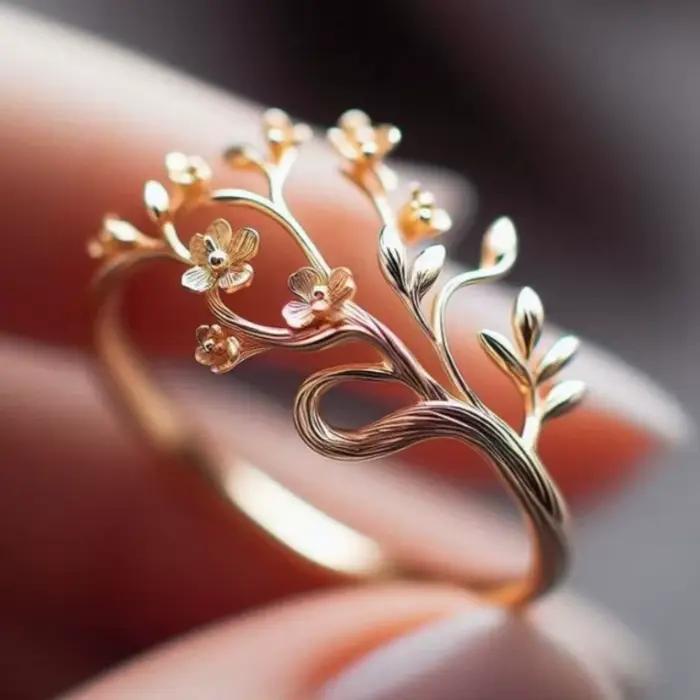 Bague vintage pour femme, motif branche et fleur sculptés à la main, en métal doré, géométrique, pour usage quotidien, bijoux de fête, cadeau d'anniversaire