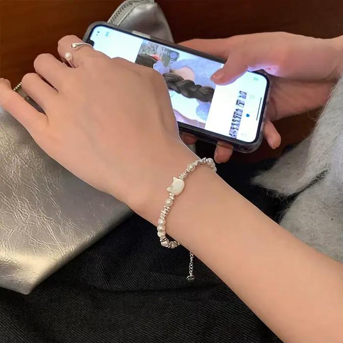 Bracelet à breloques en argent Sterling 925 pour femmes et hommes, perles naturelles, chat, luxe, fiançailles, mariage, mode, bijoux de fête