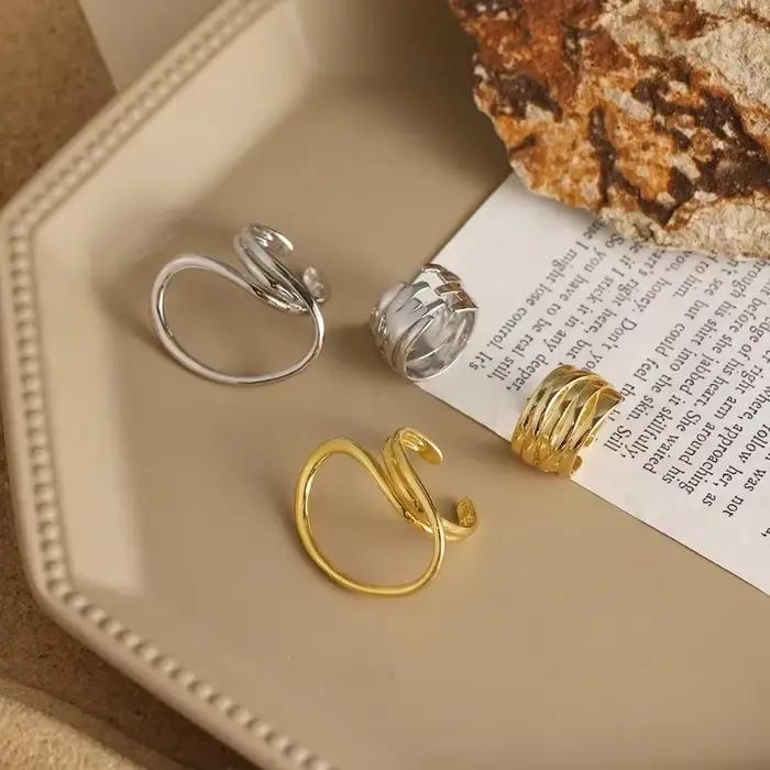 Ensemble de matiques géométriques déformées vintage pour femmes, grandes matiques en argent, lignes uniques, bijoux de doigt, cadeau d'anniversaire, document