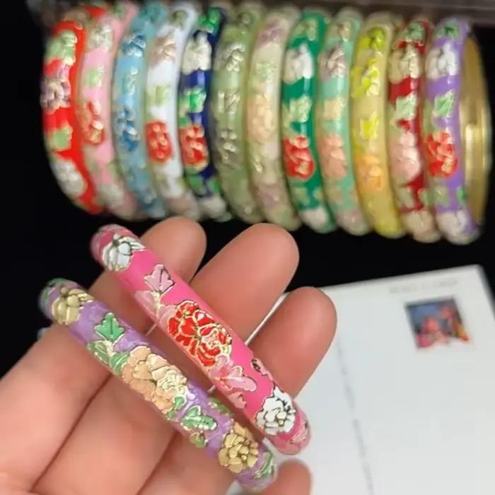 Bracelet cloisonné chinois en émail, Double Bracelet, fleur en filigrane de pivoine chinoise, classique, Vintage, pour femmes