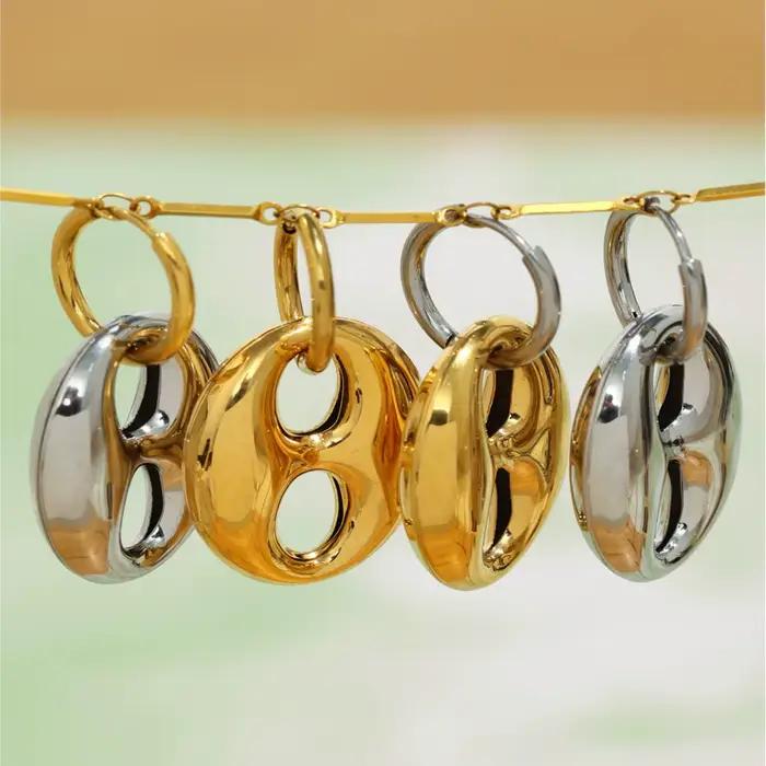 Boucles d'oreilles creuses en forme de grain de café, en acier inoxydable plaqué or 18 carats, imperméables, ne ternit pas, grosses boucles d'oreilles pendantes pour femmes