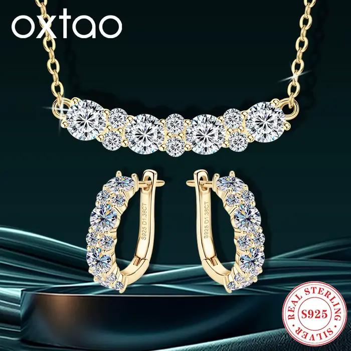 OXTAO avec ensembles de bijoux certifiés, vente en gros, colliers et boucles d'oreilles en diamant Moissanite scintillant, cadeau de luxe, argent 925 véritable pour femmes