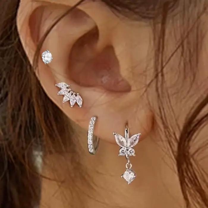 Ensemble de boucles d'oreilles Huggie en cristal pour femmes, 4 pièces, mode Cartilage, Piercing, Helix, bijoux en vrac, Lobe brillant, Lots de boucles d'oreilles