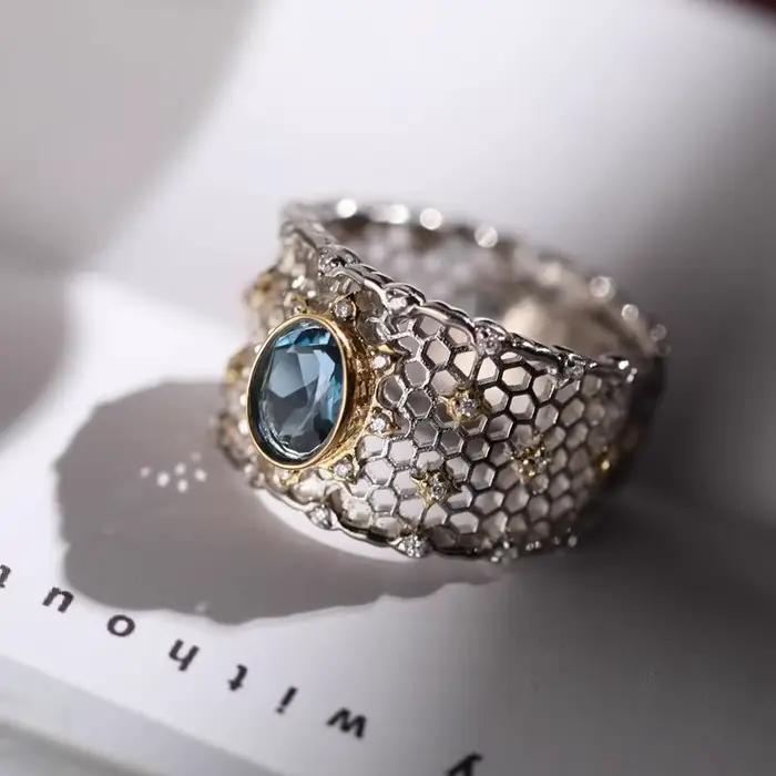 VENTFILLE – bague topaze en argent Sterling 925 pour femmes, cadeau en dentelle ajourée, large et polyvalente, bijoux Vintage, livraison directe