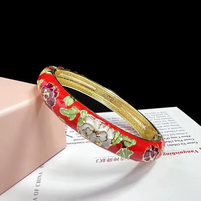 Bracelet cloisonné chinois en émail, Double Bracelet, fleur en filigrane de pivoine chinoise, classique, Vintage, pour femmes