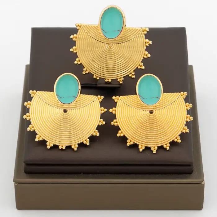 Ensemble de bijoux pour femmes, boucles d'oreilles et bague en or 18 carats, zircon coloré, 2 pièces, ensemble de bijoux de fiançailles Dubaï, accessoires de mariage