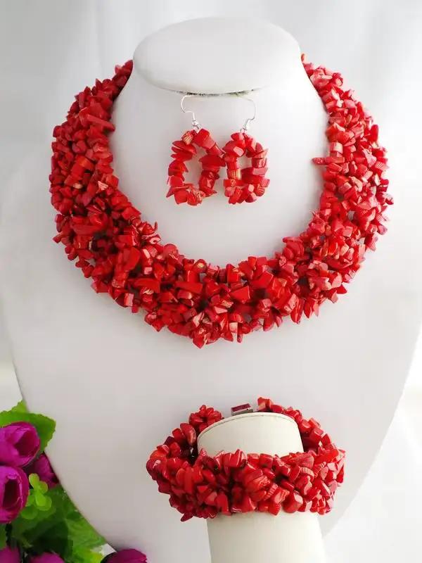 grosses soldes! !! Ensemble de bijoux en corail, collier, boucles d'oreilles, bracelet, élégant, pour fête/mariage, 18 pouces
