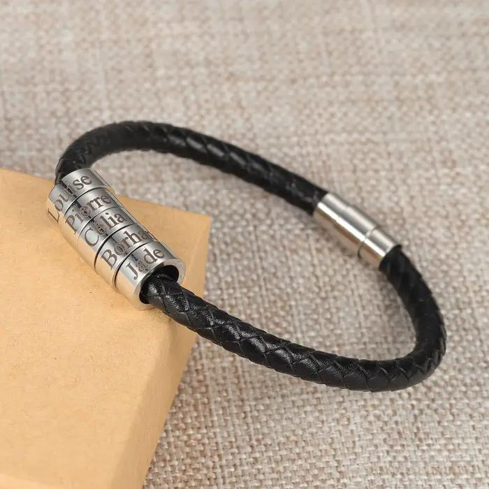 Noms personnalisés perles hommes Bracelet tressé bijoux en cuir faits à la main cadeaux de fête des pères de noël pour lui enfant papa petit ami cadeau