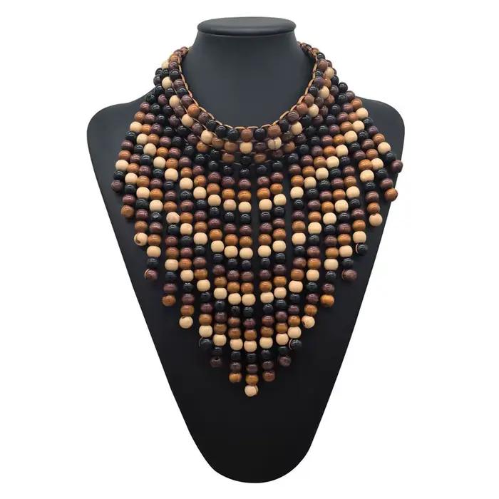 Collier bohème multicouche de perles en bois colorées, Long accessoire de Style ethnique exagéré pour femmes, forme géométrique faite à la main