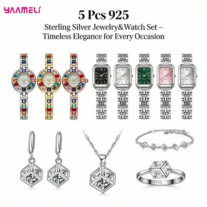 Ensemble de bijoux de luxe en argent sterling 925 avec collier, boucles d'oreilles et montre en cristal de zircon géométrique pour femmes et hommes, idéal pour les fiançailles, les fêtes et comme cade