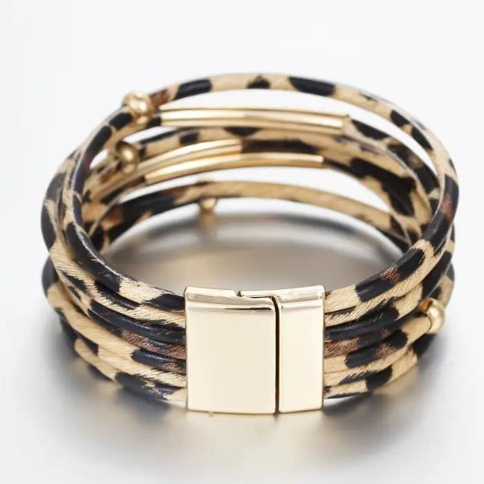 ALLYES Bracelet en cuir léopard bijoux mode femmes Tube en métal dames large Boho multicouche Bracelets d'enveloppement et Bracelets