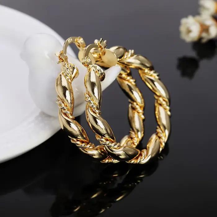 Boucles d'oreilles rondes en argent Sterling 925 pour femmes, corde en or 18 carats, 4cm, accessoires de fête de mariage, bijoux cadeaux de noël