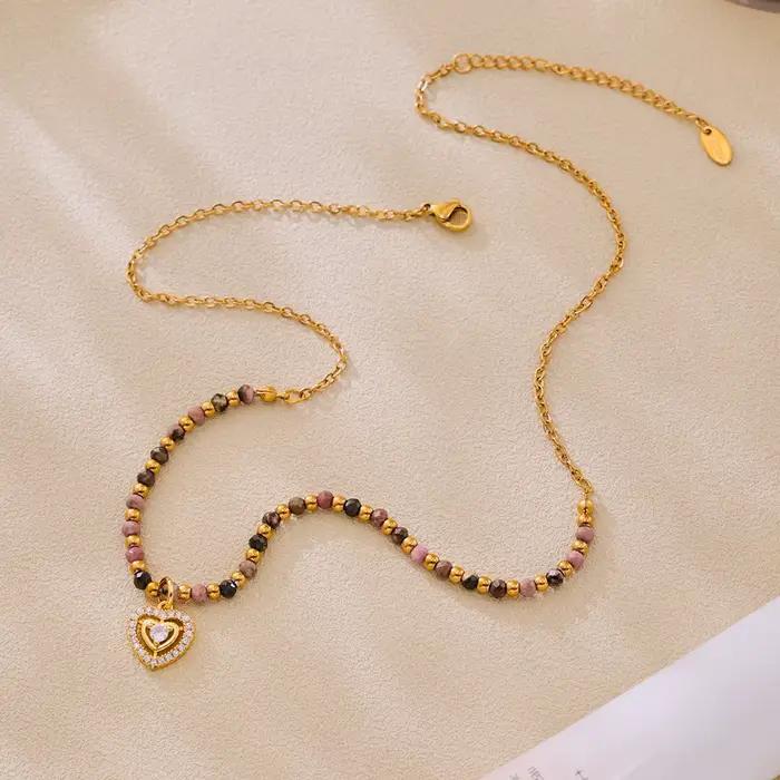 Collier et bracelet avec pendentif en forme de cœur en pierres naturelles pour femmes, plaqué or 18 carats, perles rondes en acier inoxydable, bijoux à breloques