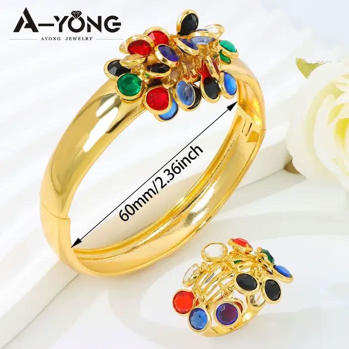 Parure de bijoux de mariage musulmane arabe plaqué or 21 carats avec zircone colorée, bracelets et bague, bijoux exotiques vintage pour femmes algériennes