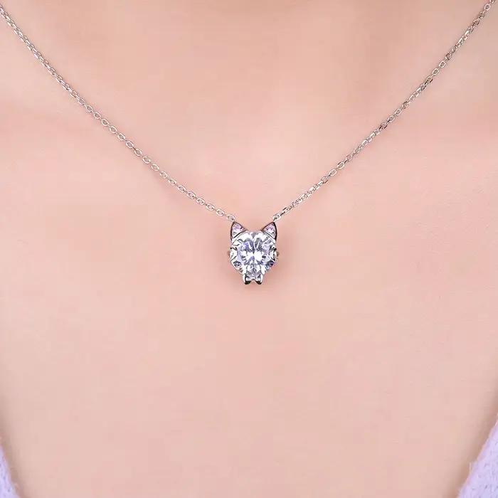 Collier en argent 925 avec pierre précieuse ronde chat mignon pour femmes bijoux fin élégants occasions spéciales filles nouveau style