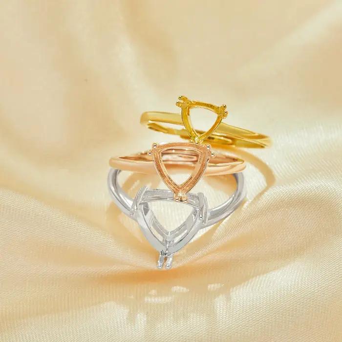 Paramètres de bague à griffes triangulaires, bague plaquée or rose en argent sterling 925 massif, bague triangulaire minimaliste, fournitures de bague de bricolage 1295067