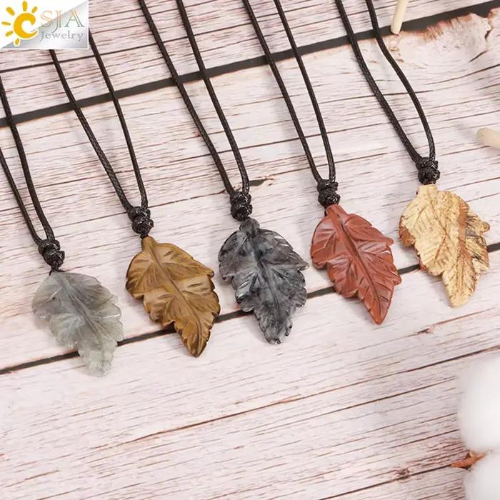 CSJA – collier avec pendentif feuilles en pierre naturelle pour femmes, colliers en cristal sculpté à la main, bijoux pour hommes, cadeau d'halloween H246